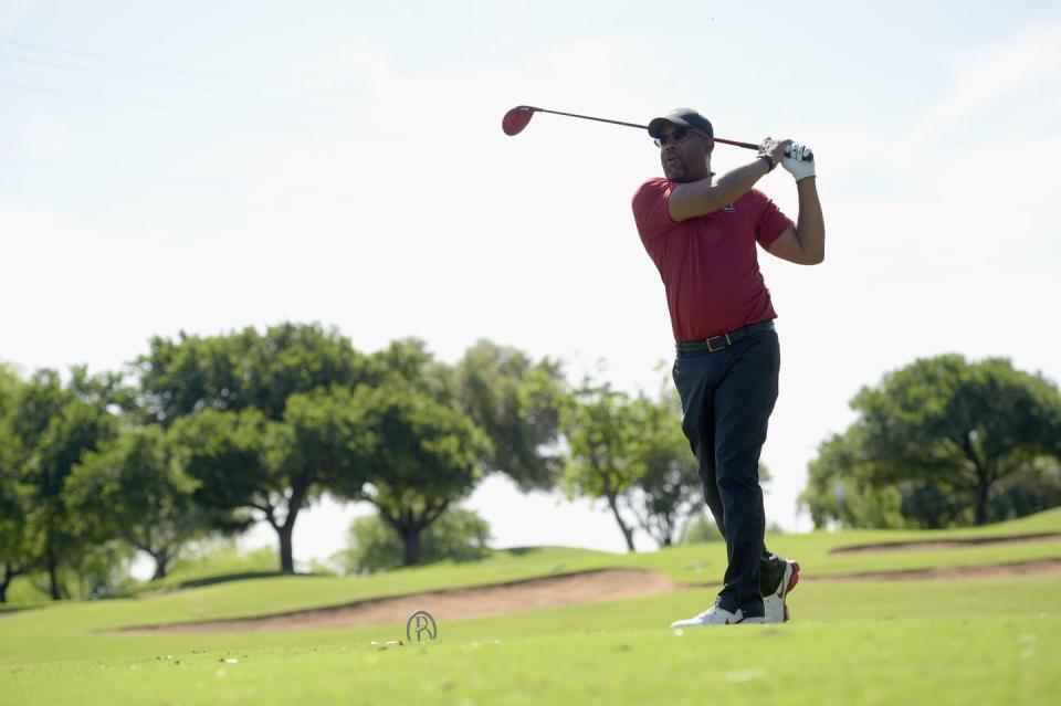 <p>Darius Rucker participates in the ACM Lifting Lives Celebrity Golf Classic during the 50th Academy of Country Music Awards at Brookhaven Country Club in April 2015.</p>