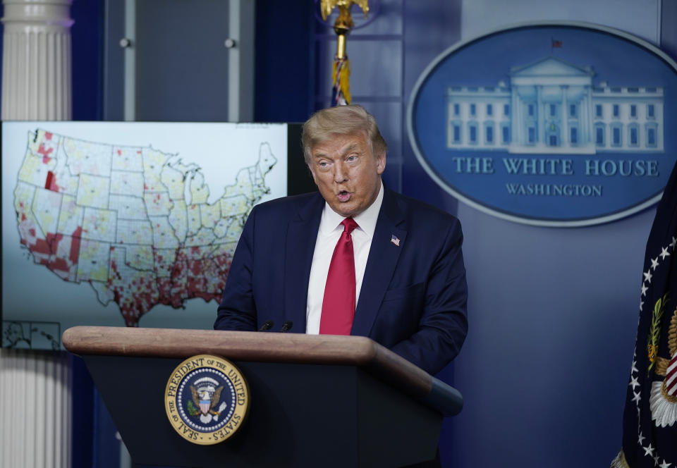 President Donald Trump speaks during a news conference earlier this month about his administration's response to the ongoing coronavirus pandemic. He said in February that he believed the virus would "miraculously" disappear by April. However, it has killed more than 150,000 Americans.  (Photo: Drew Angerer/Getty Images)