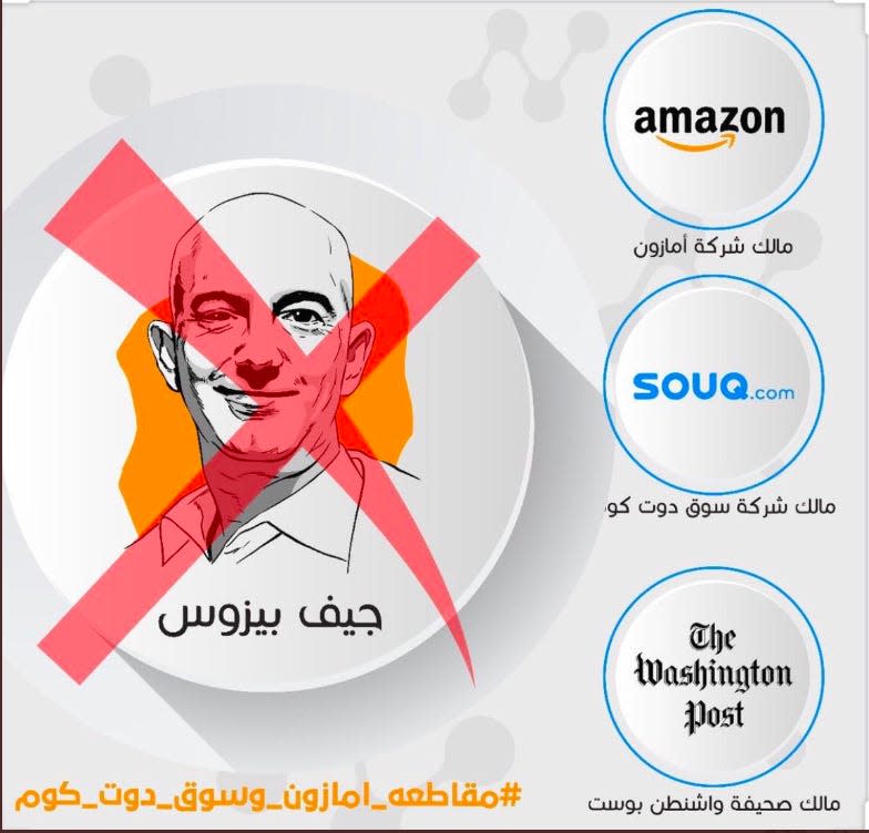 An ant-Bezos image shared on Twitter. The text identifies Jeff Bezos as the owned of Amazon, souq.com, and The Washington Post.