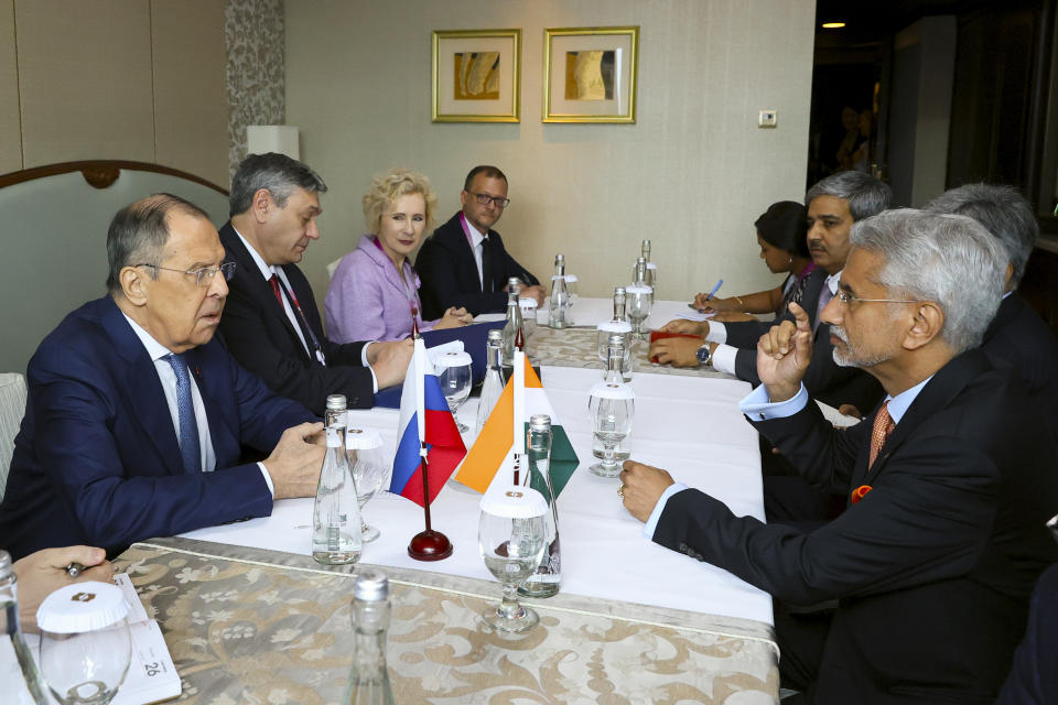 In this photo released by Russian Foreign Ministry Press Service, Indian Foreign Minister S. Jaishankar, right, gestures while speaking to Russian Foreign Minister Sergey Lavrov during their talks on the sideline of the ASEAN Post Ministerial Conference with Russia at the Association of Southeast Asian Nations (ASEAN) Foreign Minister's Meeting in Jakarta, Indonesia, Thursday, July 13, 2023. (Russian Foreign Ministry Press Service via AP)