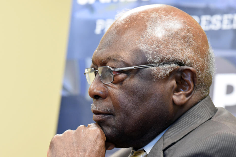U.S. House Majority Whip Jim Clyburn listens as he speaks with reporters ahead of a town hall meeting in his district on Wednesday, July 14, 2021, in Hopkins, S.C. (AP Photo/Meg Kinnard)