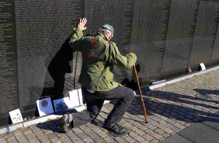 U.S. Marine combat veteran Jack Frey of Millersville, Pennsylvania pays his respects at the National Vietnam Veterans Memorial on Veteran's Day in Washington November 11, 2014. REUTERS/Larry Downing