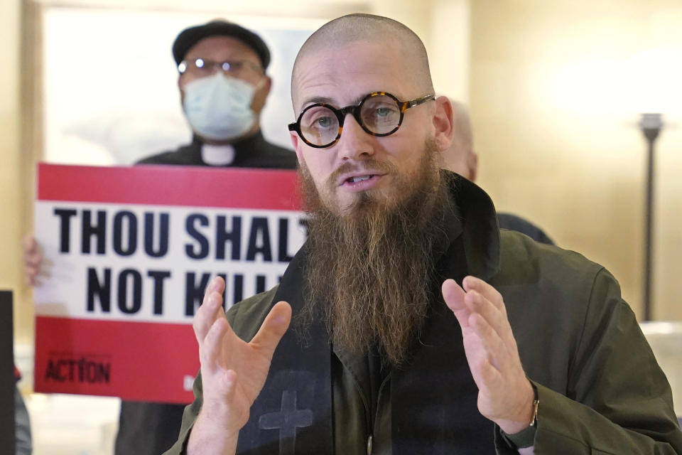 The Rev. Jeffrey Hood of Arkansas speaks to the media at a protest against the death penalty in Oklahoma City on Jan. 11, 2023. / Credit: Sue Ogrocki / AP