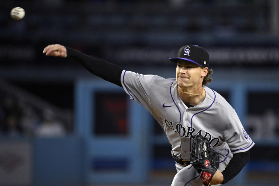 Colorado Rockies starting pitcher Ryan Feltner throws to the plate during the first inning of a baseball game against the Los Angeles Dodgers Monday, April 3, 2023, in Los Angeles. (AP Photo/Mark J. Terrill)