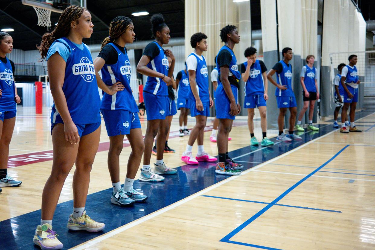 Players run drills during a Grind Prep basketball practice at the Oklahoma Athletic Center in Oklahoma City, on Monday, April 1, 2024.