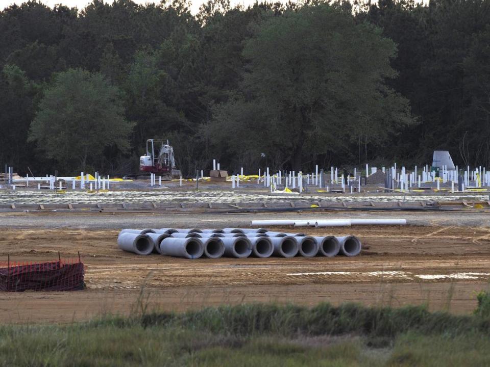 Slab forms and the plumbing for all the bathroom fixtures can be seen at the new Buc-ee’s travel center, under construction at exit 24 of I-10 in Harrison County. There’s a new opening projection for the massive gas station and convenience store.