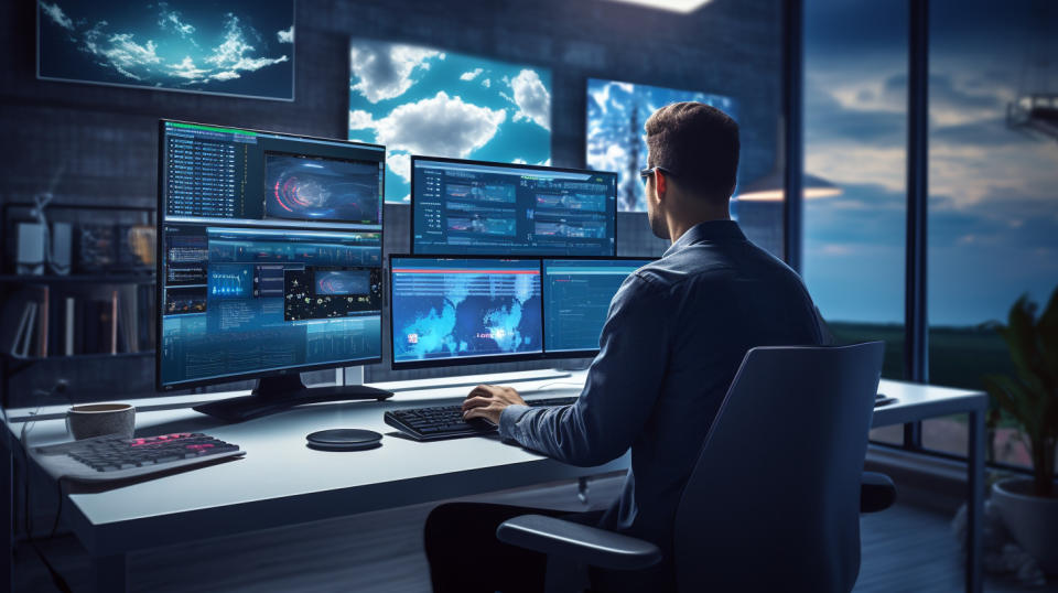 An experienced software developer architecting a cloud software solution on multiple monitors.
