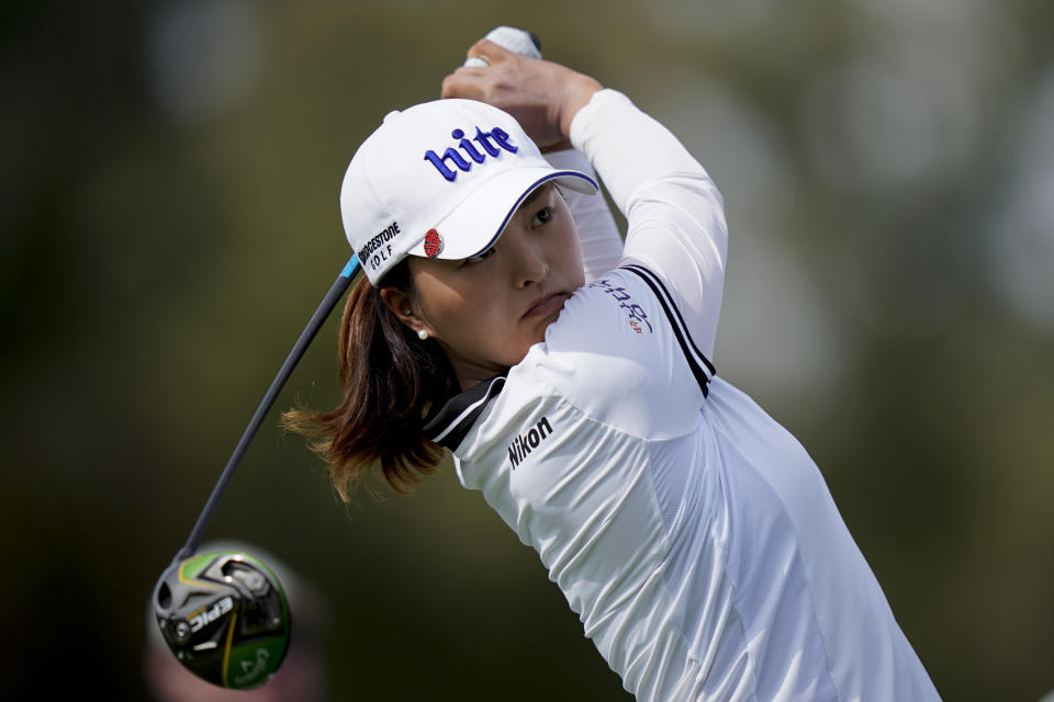 Jin Young Ko watches her tee shot on the third hole during the second round of the LPGA Tour ANA Inspiration golf tournament at Mission Hills Country Club, Friday, April 5, 2019, in Rancho Mirage, Calif. (AP Photo/Chris Carlson)