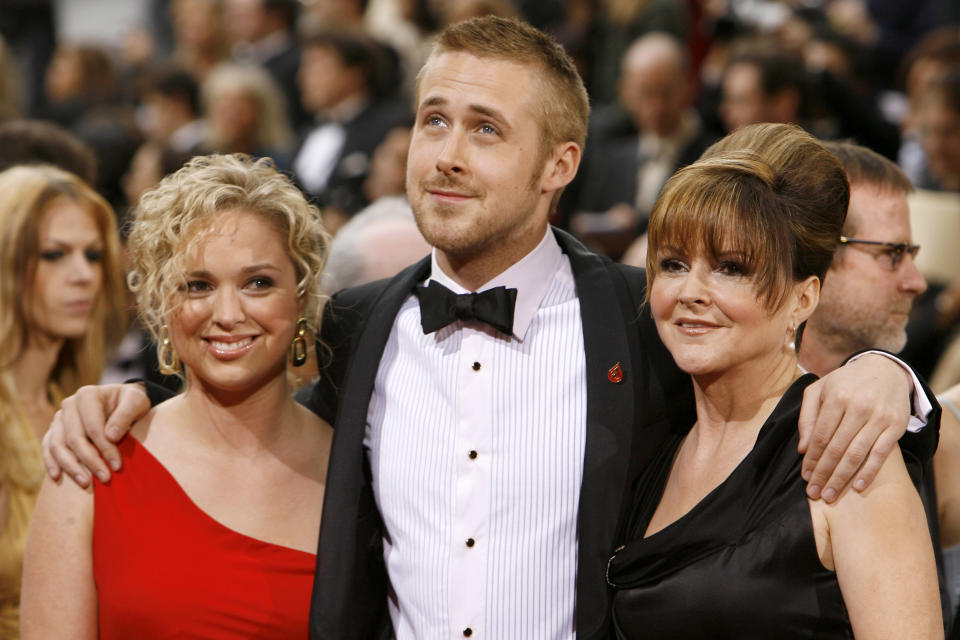 Ryan Gosling (center), nominee Best Actor in a Leading Role for “Half Nelson,” with sister Mandi Gosling and mother Donna Gosling (Photo by Chris Polk/FilmMagic) 