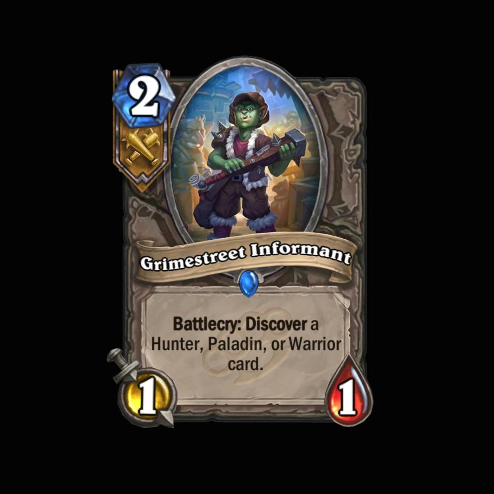 <p>Discover is perpetually a strong ability, and finding a useful card from another class is a nice little touch. Plus, 2 mana for 1/1 and picking a card is a handy bonus. Tri-class cards are cool, huh? </p>