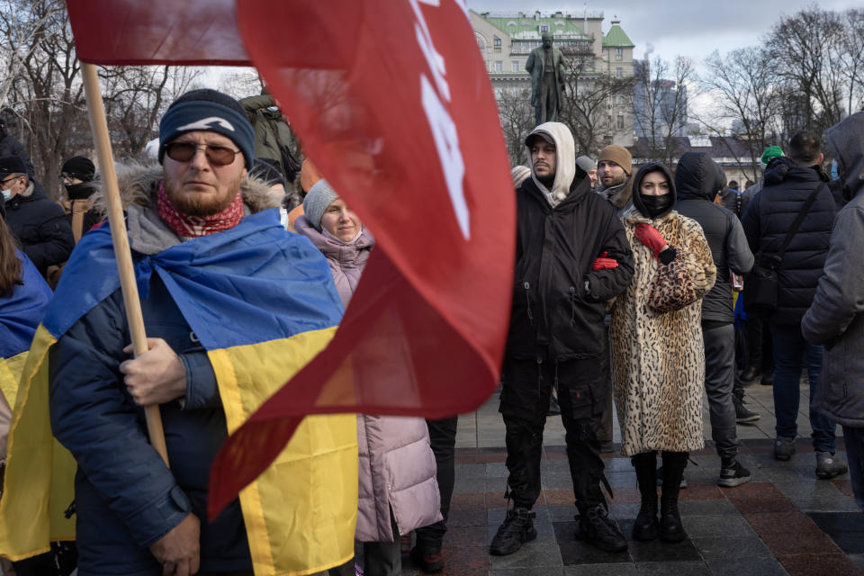 KYIV, UKRAINE - FEBRUARY 12: People participate in a Unity March to show solidarity and patriotic spirit over the escalating tensions with Russia on February 12, 2022 in Kiev, Ukraine. (Photo by Chris McGrath/Getty Images)