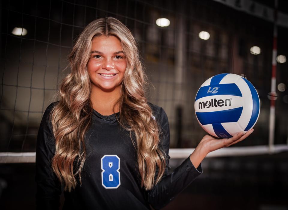 Macy Hinshaw (8), from Hamilton Southeastern High School, is photographed for the IndyStar 2023 High School Girls Volleyball Super Team on Tuesday, August 1, 2023, at The Academy Volleyball Club in Indianapolis.
