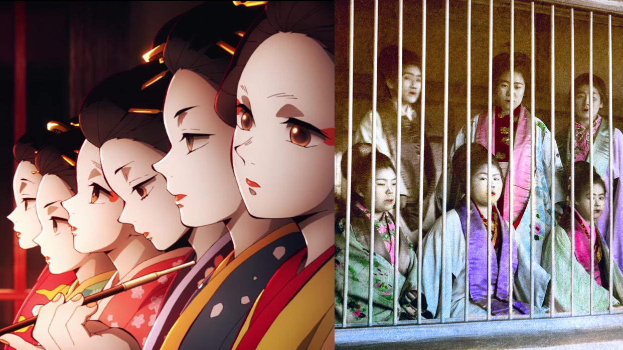 Courtesans in Demon Slayer: Kimetsu No Yaiba; lowest rank prostitutes in caged brothels in Yoshiwara. (Photo: Netflix, Getty Images)