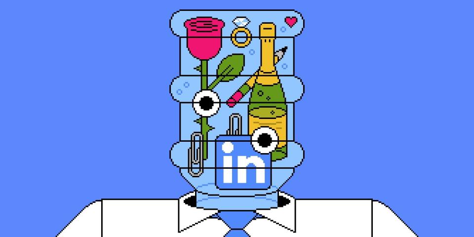 Graphic depicting LinkedIn, a rose, and champagne, among other icons, in a water cooler, which has taken the place of a man-in-a-suit's head