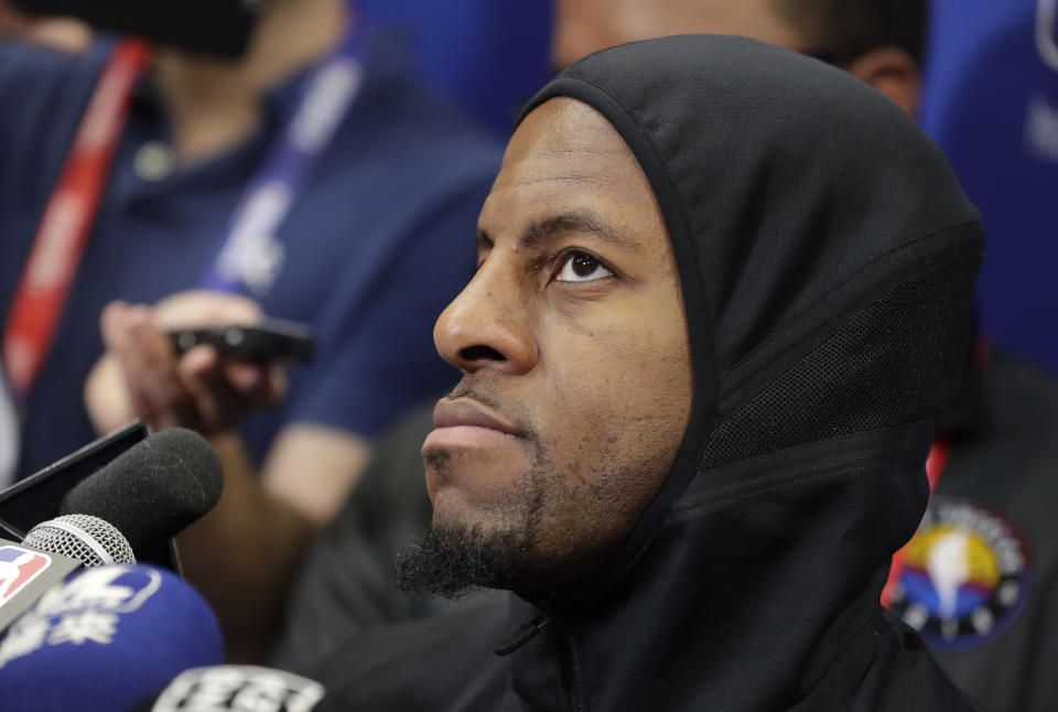 Golden State Warriors forward Andre Iguodala (9) answers questions before the basketball team practiced during the NBA Finals, Thursday, June 7, 2018, in Cleveland. The Warriors lead the series 3-0 with Game 4 on Friday. (AP Photo/Michael Conroy)