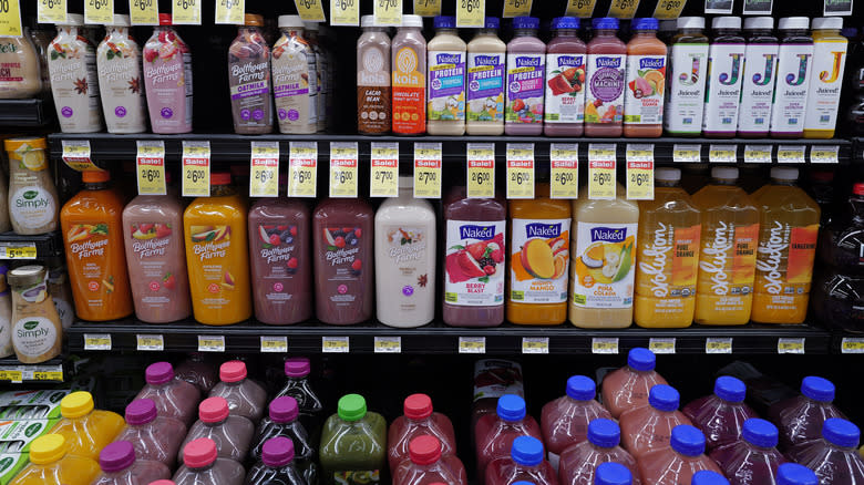 Juices in grocery store refrigerators