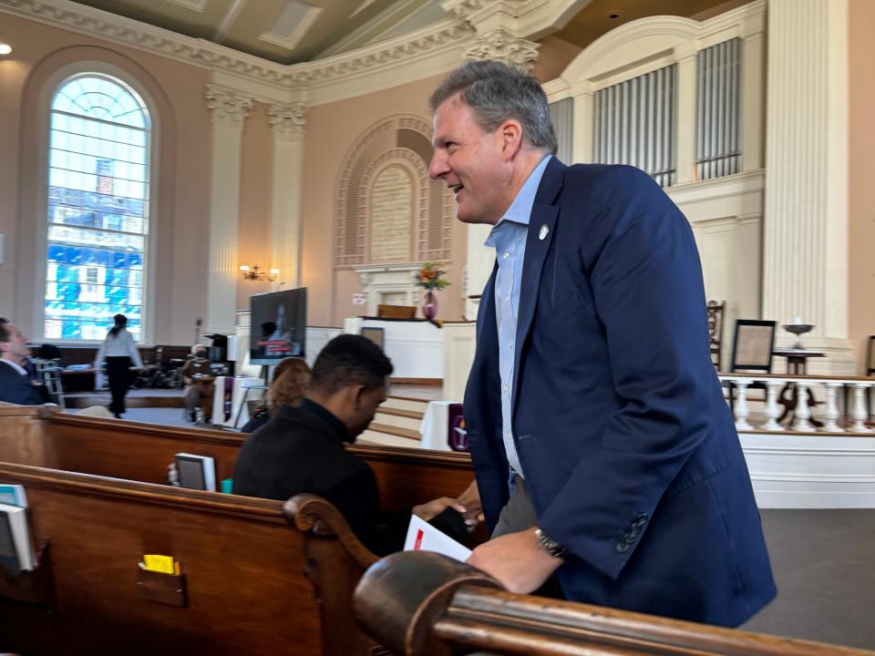 New Hampshire Gov. Chris Sununu exits the South Church in Portsmouth Monday, Jan. 15, 2024 after giving remarks during a tribute for Dr. Martin Luther King Jr.