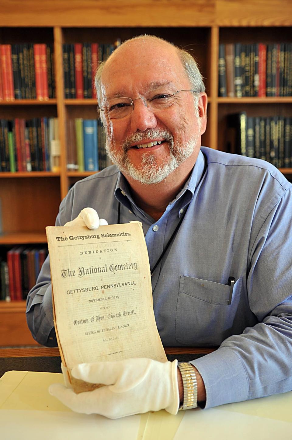 Steve Cotham pictured with an original first printing of the Gettysburg Address.