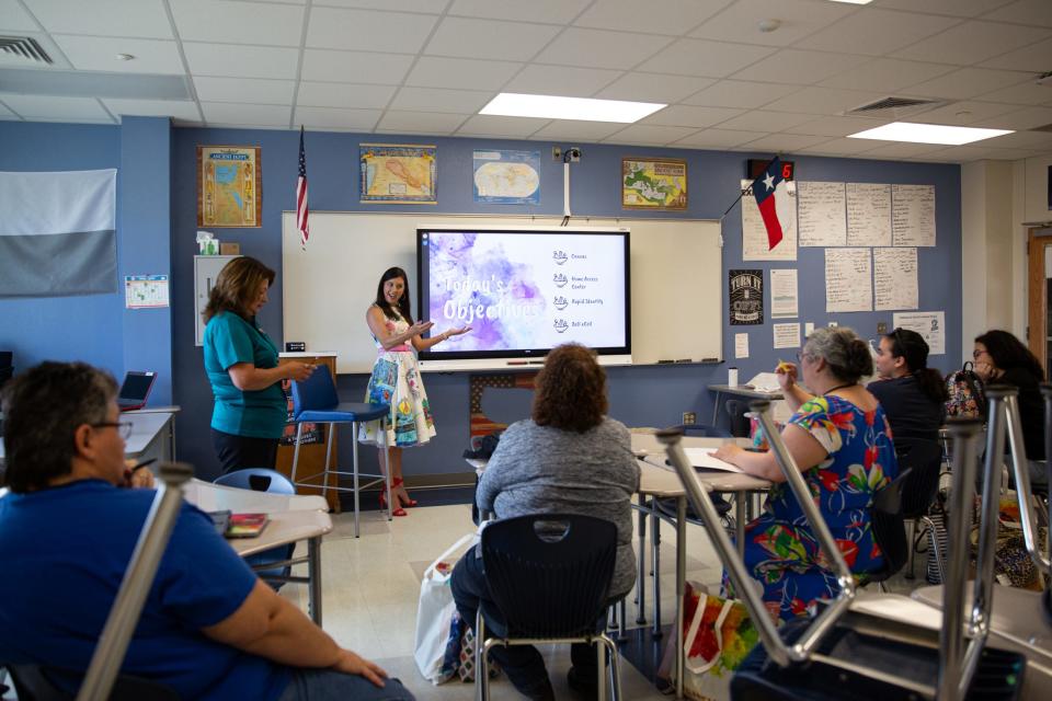 Brandi Shaddock, a Title 1 implementation specialist, gives a presentation on technology platforms parents interact with during CCISD's Tech2Teach, a conference on technology in the classroom, on Wednesday, July 19, 2023, in Corpus Christi, Texas.