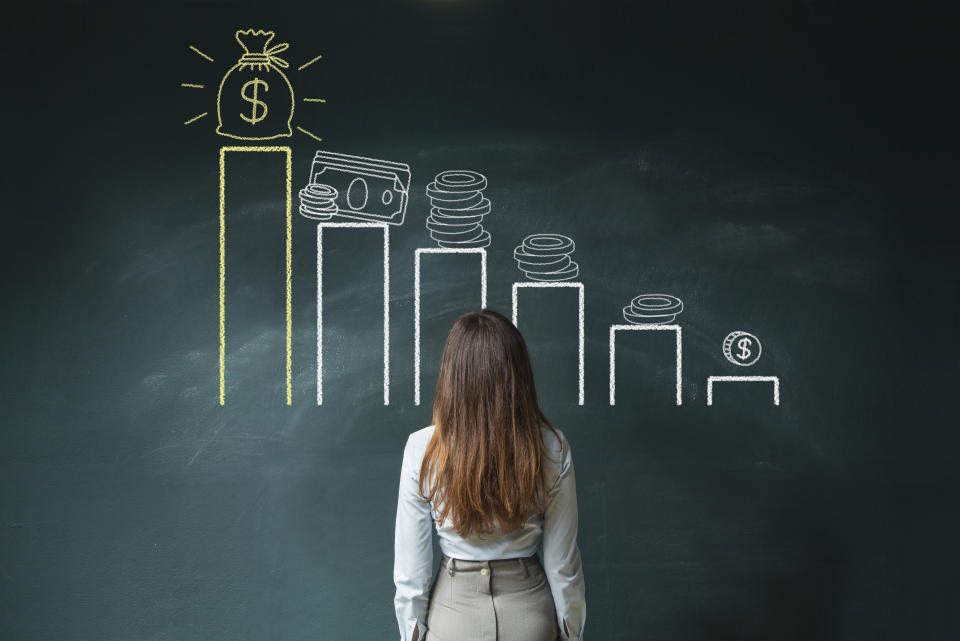 Business woman standing in front of a blackboard with a financial chart. Photo: Getty