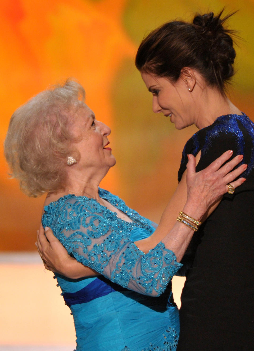 Betty White and Sandra Bullock onstage at the 16th Annual Screen Actors Guild Awards on Jan. 23, 2010. (John Shearer / WireImage)