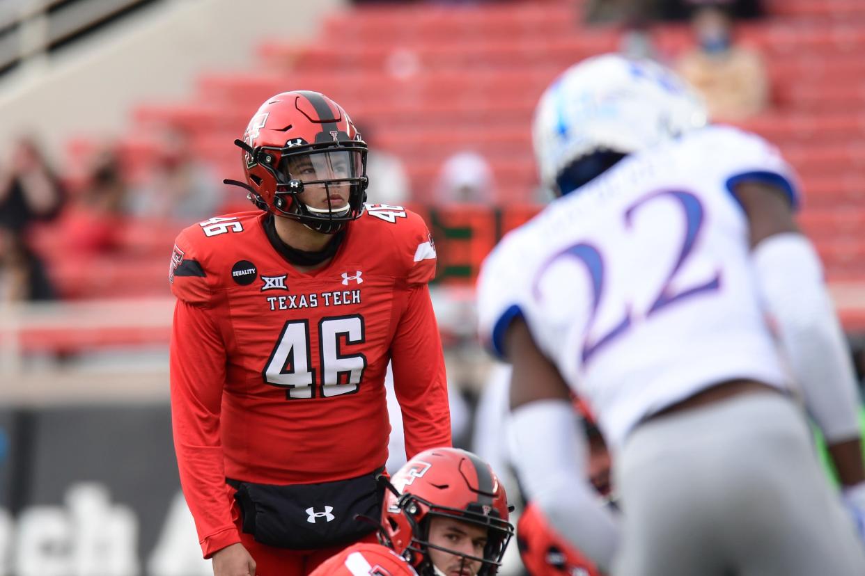 Texas Tech kicker Jonathan Garibay (46) made 13 of 14 field goals this season, two that won games. He was a first-team honoree on The Associated Press All-Big 12 team released Thursday.