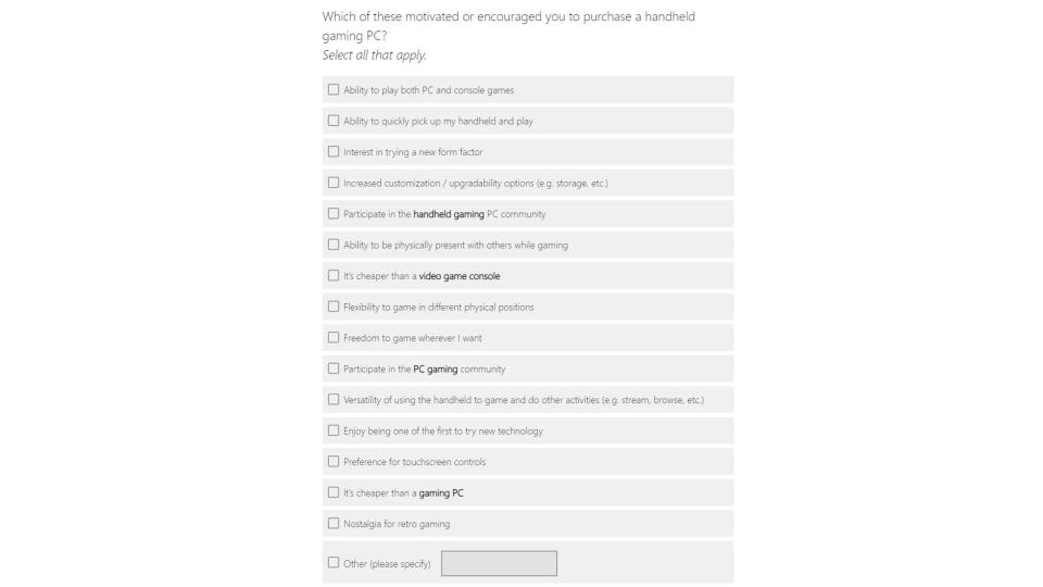 Microsoft gaming handheld survey: motivations for gaming handheld purchase.
