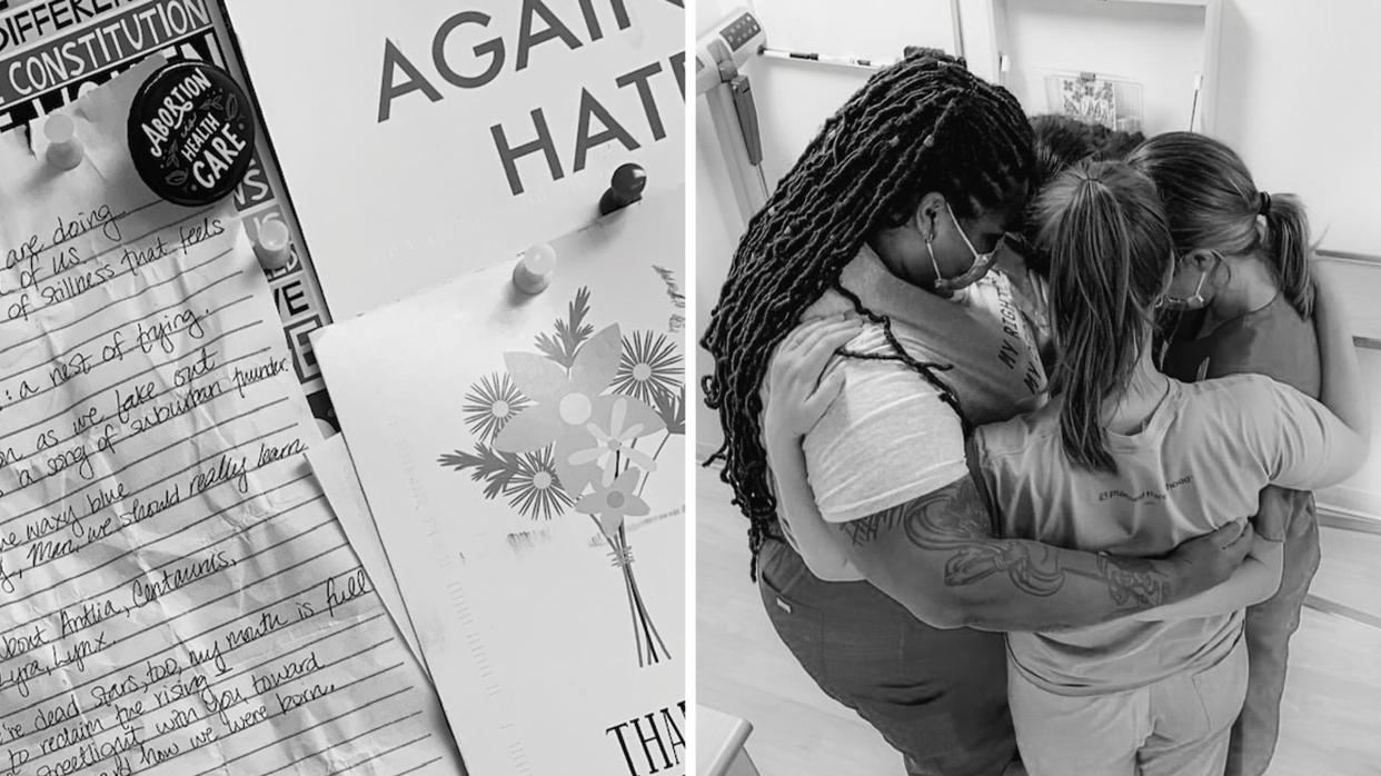 Left: Ada Limón's poem "Dead Stars" hangs in Matthew's workplace; Right: Clinic staff members embrace shortly after the Dobbs decision was announced in June