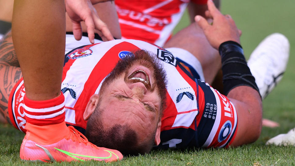 Seen here, Jared Waerea-Hargreaves cries out in agony after a nasty incident against the Dragons. 