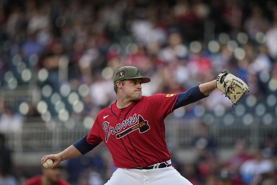 Atlanta Braves starting pitcher Bryce Elder delivers in the first inning of a baseball game against the Seattle Mariners, Friday, May 19, 2023, in Atlanta. (AP Photo/Brynn Anderson)