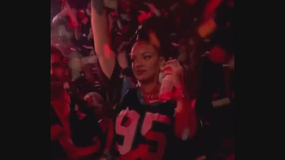 Pictures posted on social media showed pop star Rihanna wearing a Carolina Panthers jersey at a party in Tokyo in May 2023.