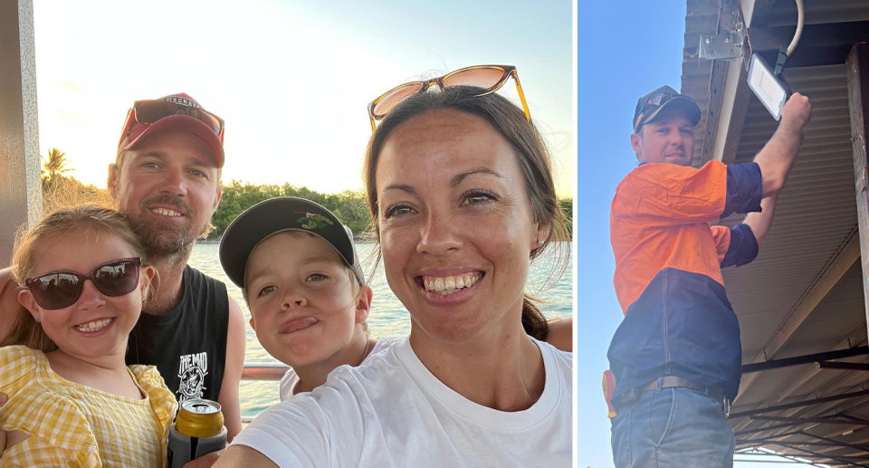 The Inskip family smiling at the camera (left) and tradie James fixing the lights on a roof (right). 