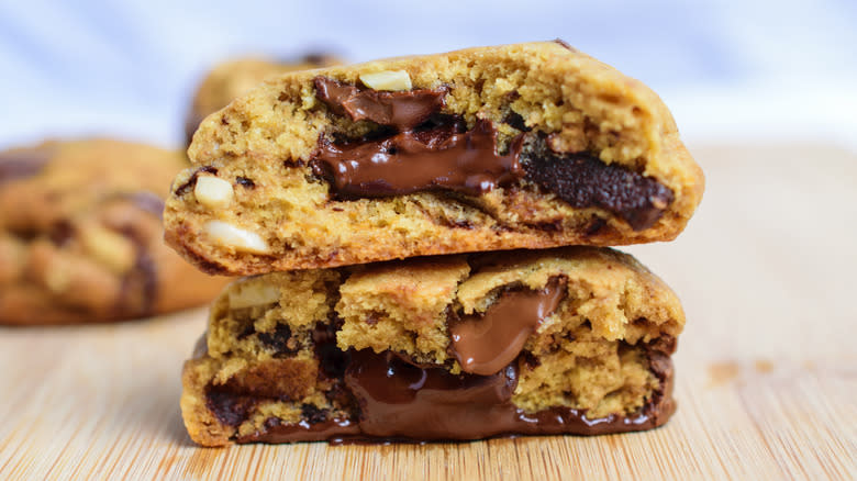 Two cookies stacked with melted center