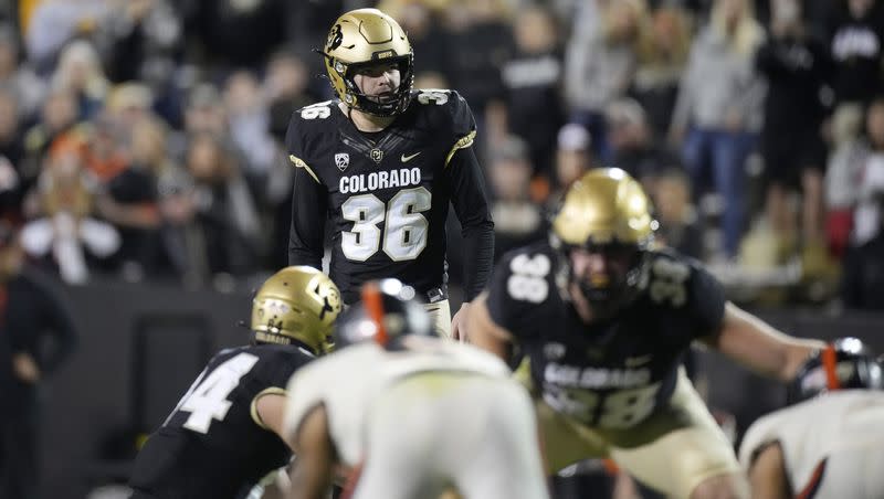 Colorado place kicker Cole Becker is ready to kick during a college football game on Nov. 6, 2021, in Boulder, Colo. The Utes landed Becker via the transfer portal.