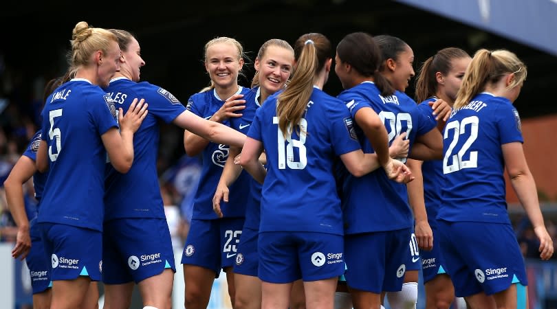  Magdalena Eriksson celebrates with Chelsea team-mates after scoring against Arsenal in the Women's Super League in May 2023. 