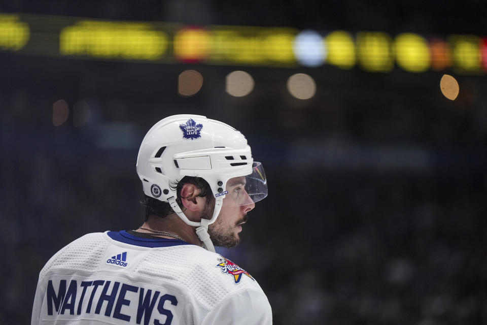 Toronto Maple Leafs' Auston Matthews waits for a face off during the third period of an NHL hockey game against the Vancouver Canucks in Vancouver, British Columbia, Saturday, Jan. 20, 2024. (Darryl Dyck/The Canadian Press via AP)