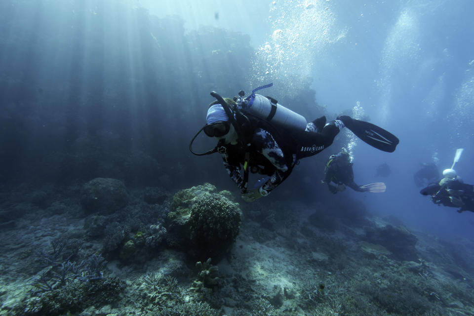 Tess Concannon, center, marine biologist and project manager for Reef Cooperative, leads a dive along Moore Reef in Gunggandji Sea Country off coast of Queensland in eastern Australia on Nov. 15, 2022. The Great Barrier Reef, battered but not broken by climate change impacts, is inspiring hope and worry alike as researchers race to understand how it can survive a warming world. (AP Photo/Sam McNeil)