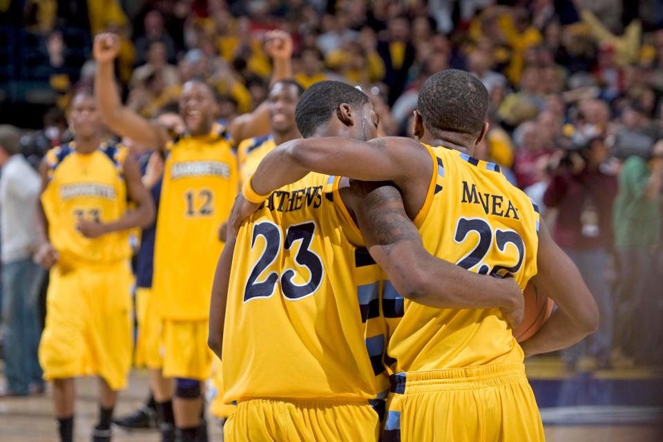 Marquette's Wesley Matthews and Jerel McNeal celebrates their 61-58 win over Wisconsin at the Bradley Center in Milwaukee Friday, Dec. 6, 2008.