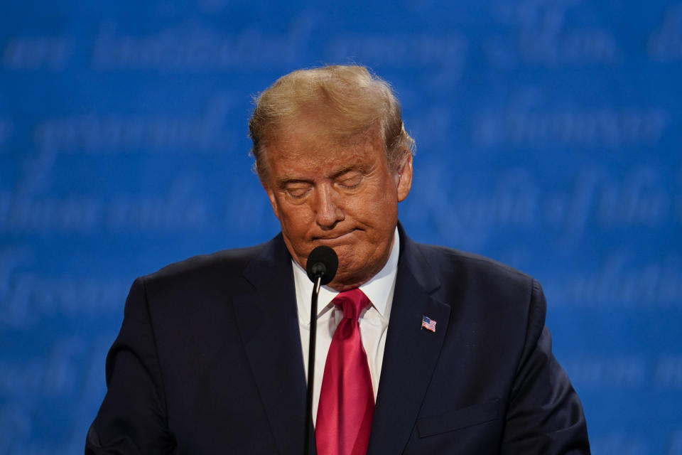 President Donald Trump during the second and final presidential debate Thursday, Oct. 22, 2020, at Belmont University in Nashville, Tenn. (AP Photo/Julio Cortez)