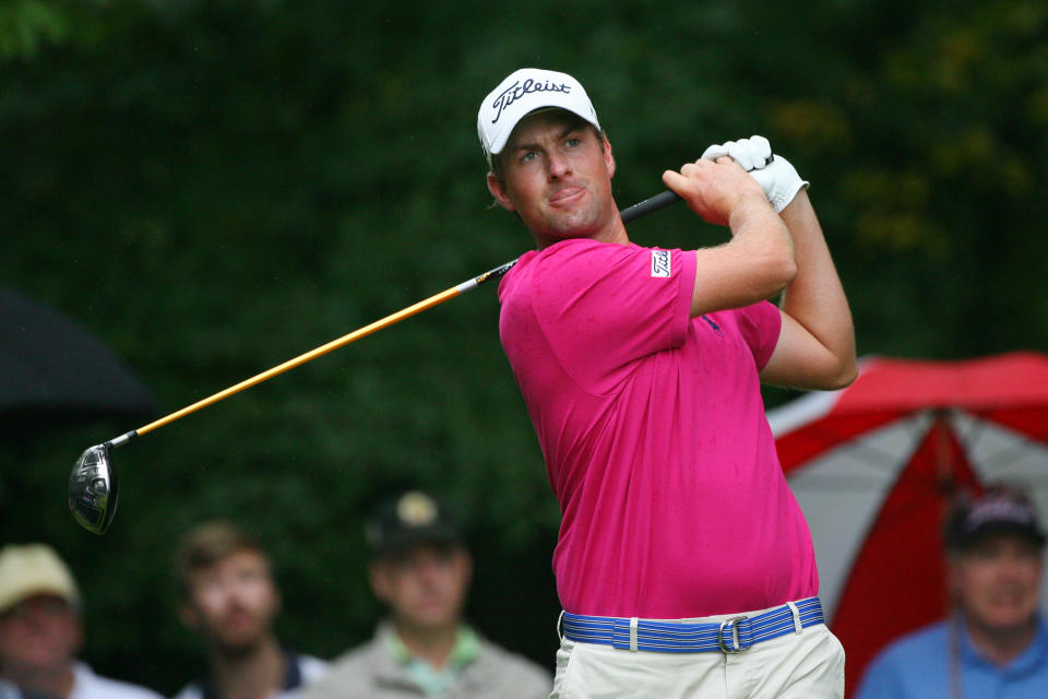 GREENSBORO, NC - AUGUST 19: Webb Simpson hits his tee shot on the second hole during the final round of the Wyndham Championship at Sedgefield Country Club on August 19, 2012 in Greensboro, North Carolina. (Photo by Hunter Martin/Getty Images)