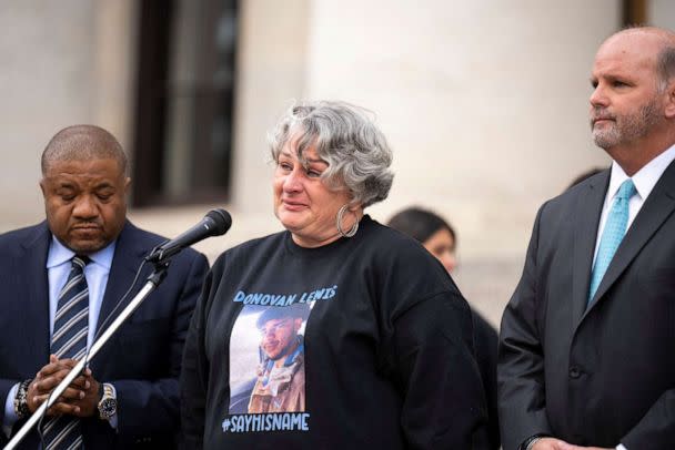 PHOTO: In this Sept. 30, 2022, file photo, Rebecca Duran, Donovan Lewis' mother, speaks during a press conference with attorneys Rex Elliott, right, and Michael Wright outside of the Ohio Statehouse, in Columbus, Ohio. (Joseph Scheller/Columbus Dispatch via USA Today Network, FILE)