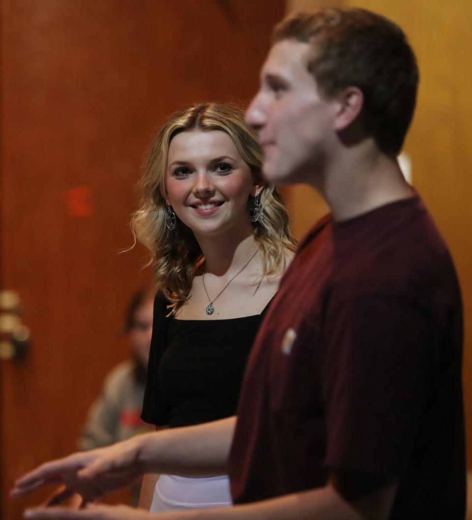 Leah Spacek and Stanley Niekamp rehearse "The Surrey with the Fringe on Top" at the University of Akron.