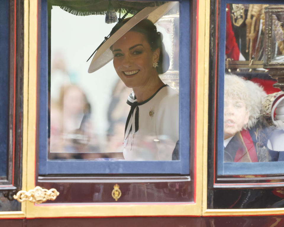 Princess Catherine and Prince Louis of Wales arrive by carriage during the Trooping the Colour on June 15, 2024, in London.<p>Neil Mockford/Getty Images</p>