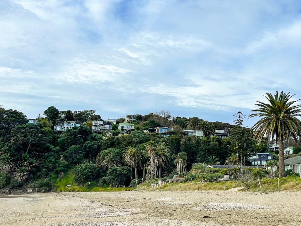 A row of homes on Little Palm Beach on Waiheke Island, New Zealand.