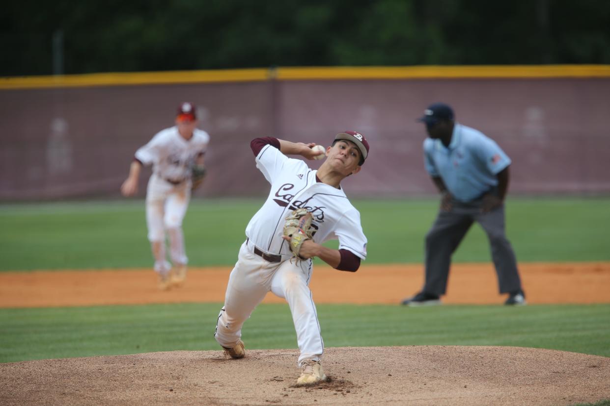 Benedictine Pitcher Landon Ludwig works from the mound during game 1 in the first round State playoff series with Whitewater on Monday April 24, 2023.