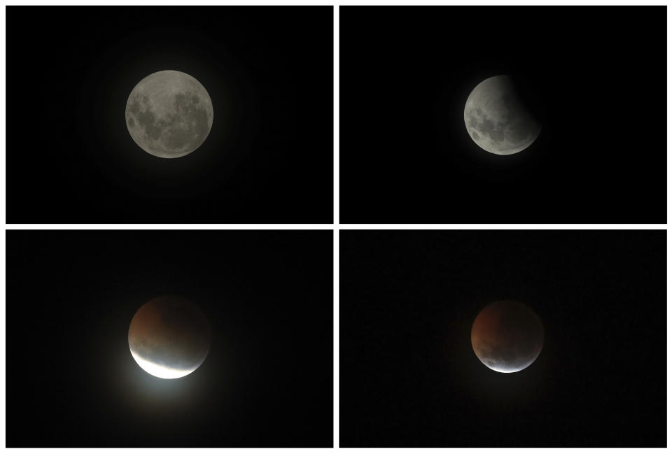 This combination photo shows the moon at the four different moments during a total lunar eclipse in Brasilia, Brazil, Monday, Jan. 21, 2019. It's also the year's first supermoon, when a full moon appears a little bigger and brighter thanks to its slightly closer position to Earth. (AP Photo/Eraldo Peres)