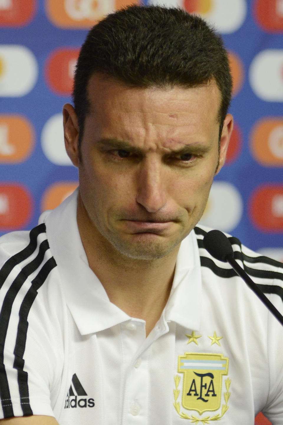 Argentina's national soccer team coach Lionel Scaloni listens to questions during a press at the Mineirao stadium in Belo Horizonte, Brazil, Tuesday, June 18, 2019. Argentina will play Paraguay in a Copa America Group B soccer match on June 19. (AP Photo/Eugenio Savio)