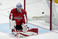 Washington Capitals goaltender Ilya Samsonov gives up a goal to Florida Panthers right wing Claude Giroux during the third period of Game 6 of a first-round NHL hockey Stanley Cup playoff series Friday, May 13, 2022, in Washington. (AP Photo/Alex Brandon)