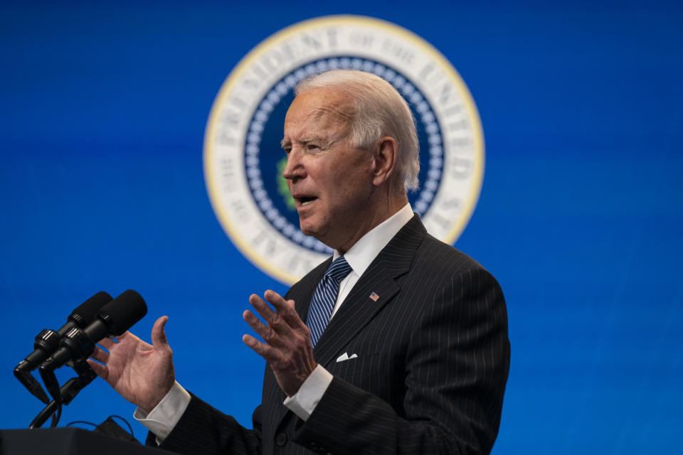 President Joe Biden answers questions from reporters in the South Court Auditorium on the White House complex, Monday, Jan. 25, 2021, in Washington. (AP Photo/Evan Vucci)