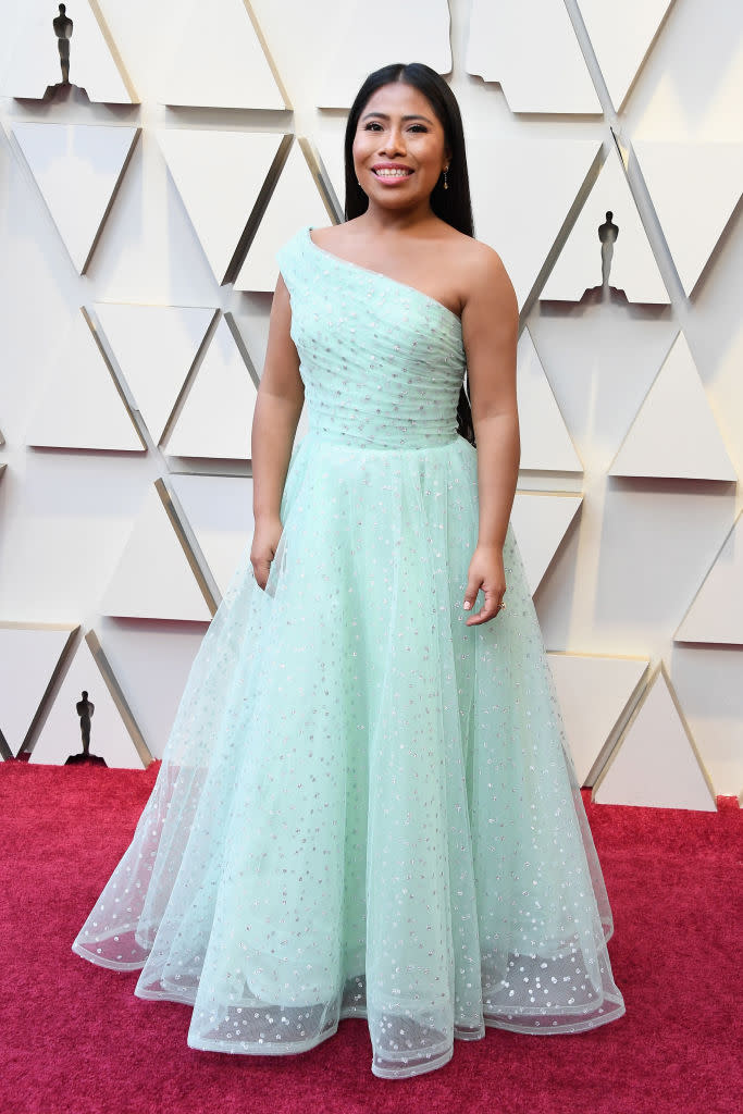 <p><em>Roma’</em>s Yalitza Aparicio dressed like a princess, wearing a gauzy, sparkly one-shoulder gown for her big night. She was nominated for Best Actress for her first movie role. (Photo: Getty Images) </p>